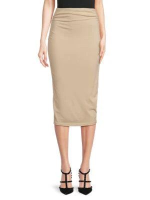 The Ruched Pencil Skirt: The Instagram-worthy skirt. flatter your figure with strategically ruched detailing while still maintaining a sleek, tailored pencil silhouette. Stretchy waistband and pull-on style provides all-day comfort to confidently showcase on your feed. Subtle ruching camouflages problem areas so you can focus on capturing your best selfie in this stretch cotton-spandex blend that moves with you. A true wardrobe staple to complement any top. Ruched Midi Length Summer Bottoms, Fitted Ruched Midi Skirt, Spring Fitted Midi-length Bottoms, Fitted Ruched Bottoms For Workwear, Fitted Midi-length Lined Skirt, Spring Pencil Skirt With Ruched Sides, Spring Stretch Midi Length Pencil Skirt, Ruched Skirt For Workwear In Summer, Ruched Skirt For Workwear And Summer