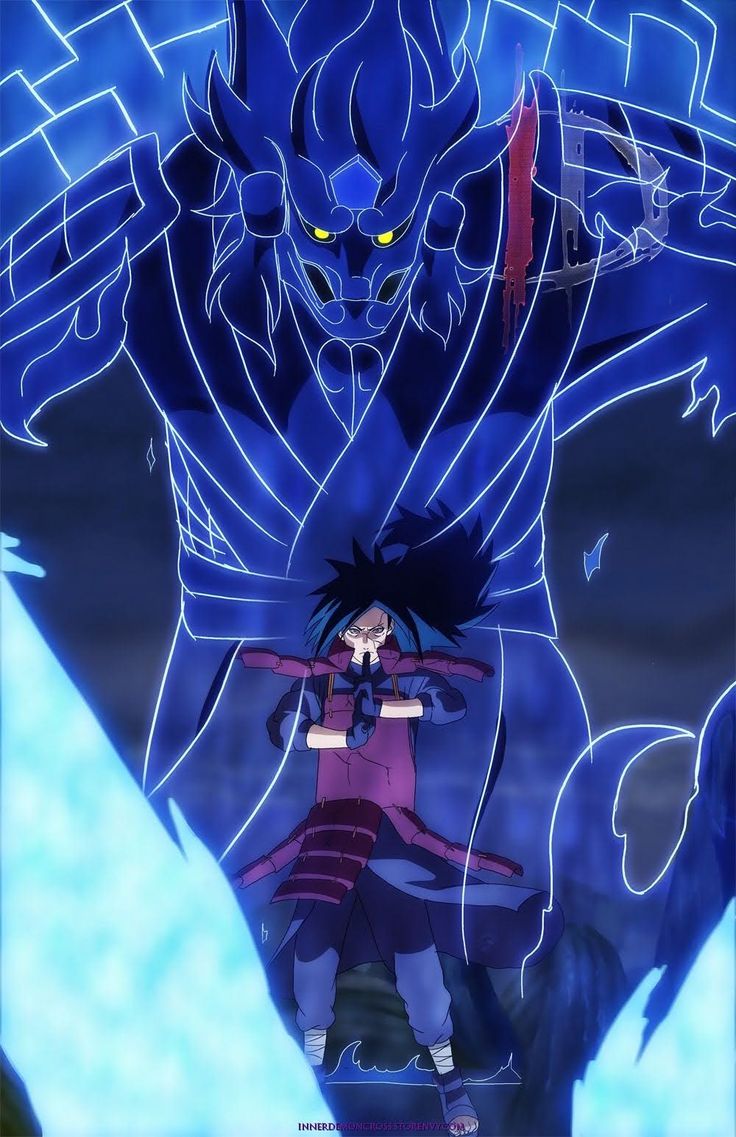 an animated image of a demon with yellow eyes and black hair, standing in front of a blue background