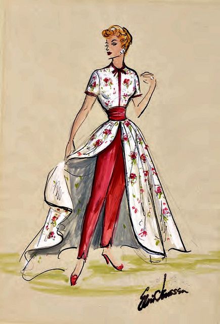 I Love Lucy" Costume Sketch by Elois Jenssen | Flickr - Photo Sharing! I Love Lucy Costume, Flowers Print Dress, Lucy Costume, 40s Mode, Vintage Fashion Sketches, Patron Vintage, Fashion Illustration Vintage, Vintage Dress Patterns, Lucille Ball