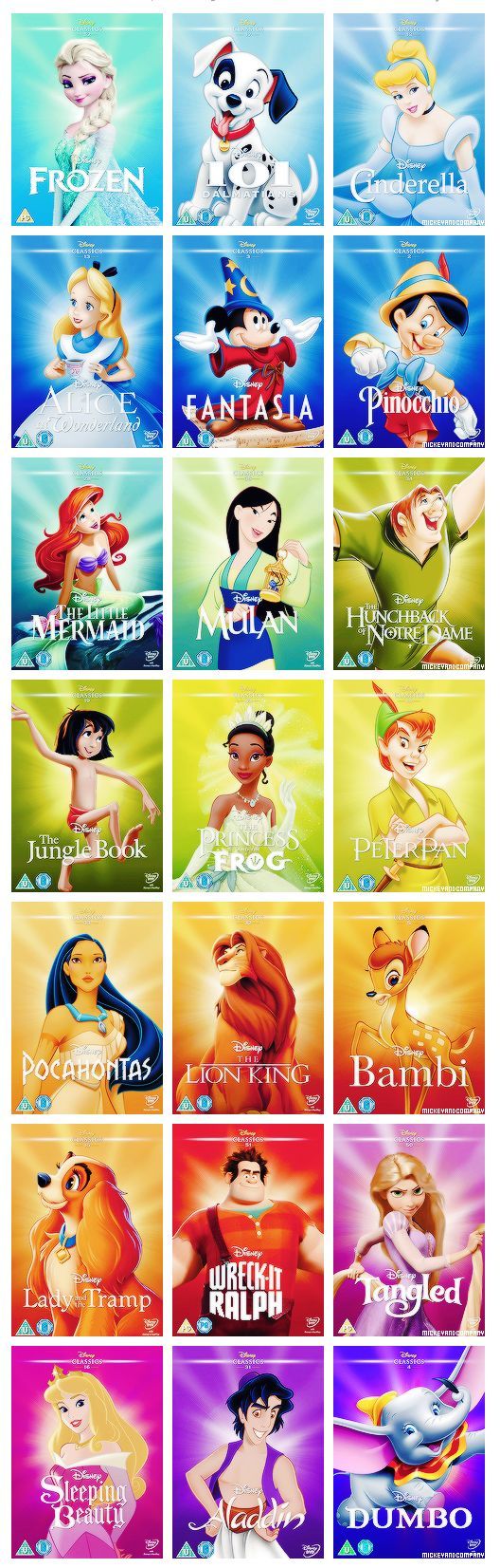 the disney princesses are all lined up in different colors and sizes, with their names on