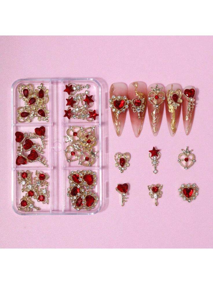 Red  Collar  Zinc Alloy  3D Decoration Embellished   Nail,Hand & Foot Care Red Crystal Nails, Red Nails Gold Jewelry, Gold Nails Charms, Long Red Press On Nails With Rhinestones, Red Nails Gold Charms, Gold Nail Charms, Nail Art 3d, Pearl Nail Art, Nail Art Jewelry