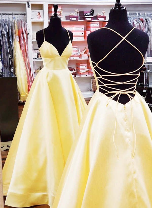 Yellow Satin Prom Dress, Dress School Dance, Simple Long Prom Dresses, Dresses School Dance, Prom Dresses With Lace, Simple Evening Dress, Dress School, Yellow Evening Dresses, Simple Prom Dress Long