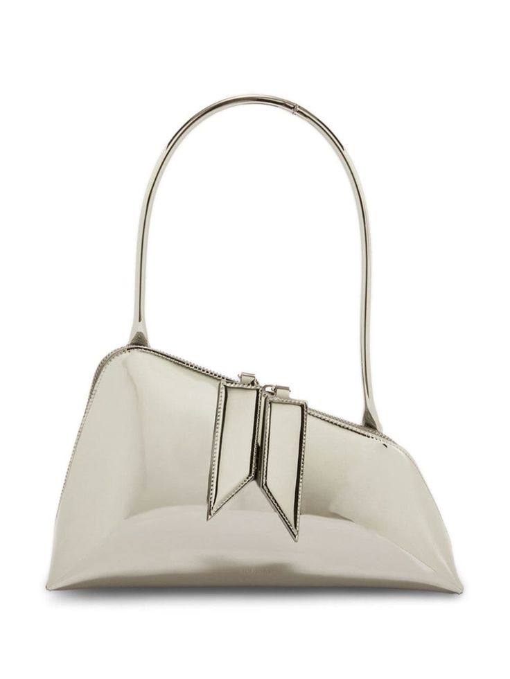 silver-tone faux leather laminated finish asymmetric body two-way zip fastening single rolled top handle main compartment internal slip pocket full lining Modern Metallic Silver Shoulder Bag With Silver-tone Hardware, Modern Silver Shoulder Bag With Detachable Handle, Evening Shoulder Bag With Palladium Hardware In Metallic Silver, Modern Metallic Shoulder Bag With Silver-tone Hardware, Metallic Silver Shoulder Bag With Palladium Hardware For Evening, Luxury Metallic Silver Shoulder Bag For Evening, Elegant Metallic Silver Leather Shoulder Bag, Elegant Metallic Shoulder Bag With Double Handle, Formal Silver Shoulder Bag With Removable Pouch