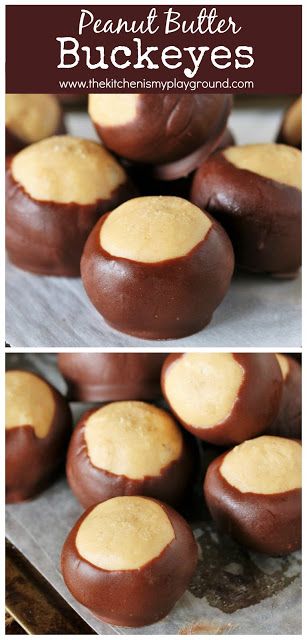 chocolate peanut butter buckeyes on a baking sheet and in the background, there is a pile of them