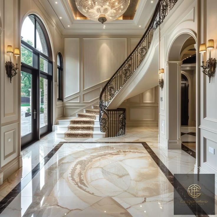 an elegant foyer with marble flooring and chandelier above the staircase leading to another room