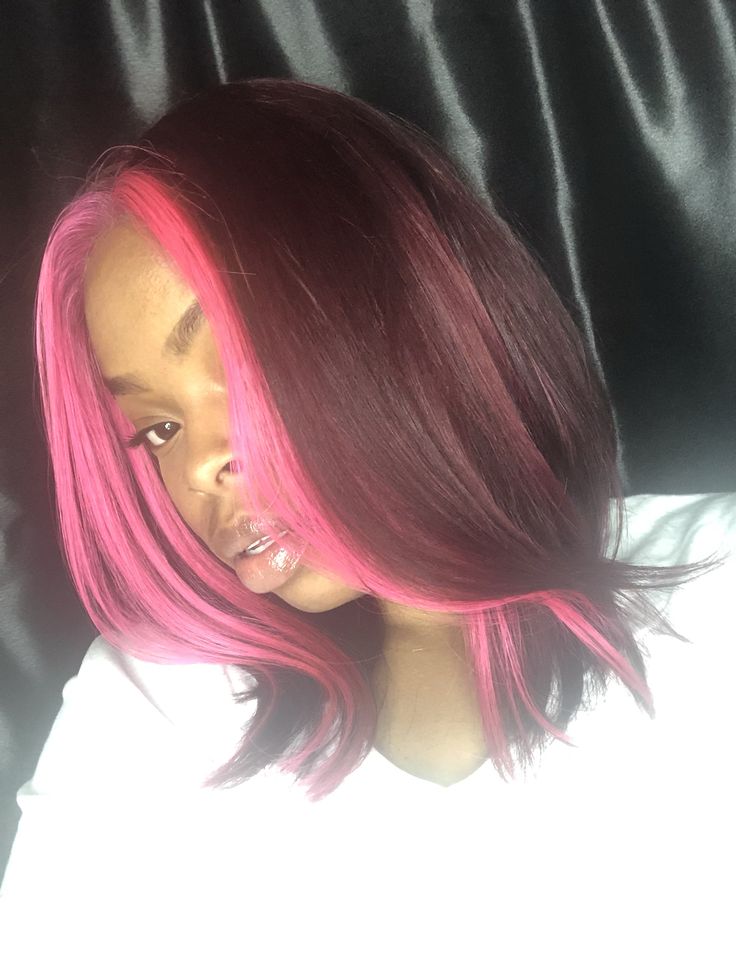 Pink And Burgundy Hair Black Women, Burgundy And Light Pink Hair, Pink And Burgundy Hair, Black Wig With Pink Highlights Side Part, Pink Bob Wigs With Bangs, Pink Bob Wig With Bangs, Pink Wig, Quick Weave, Closure Wig