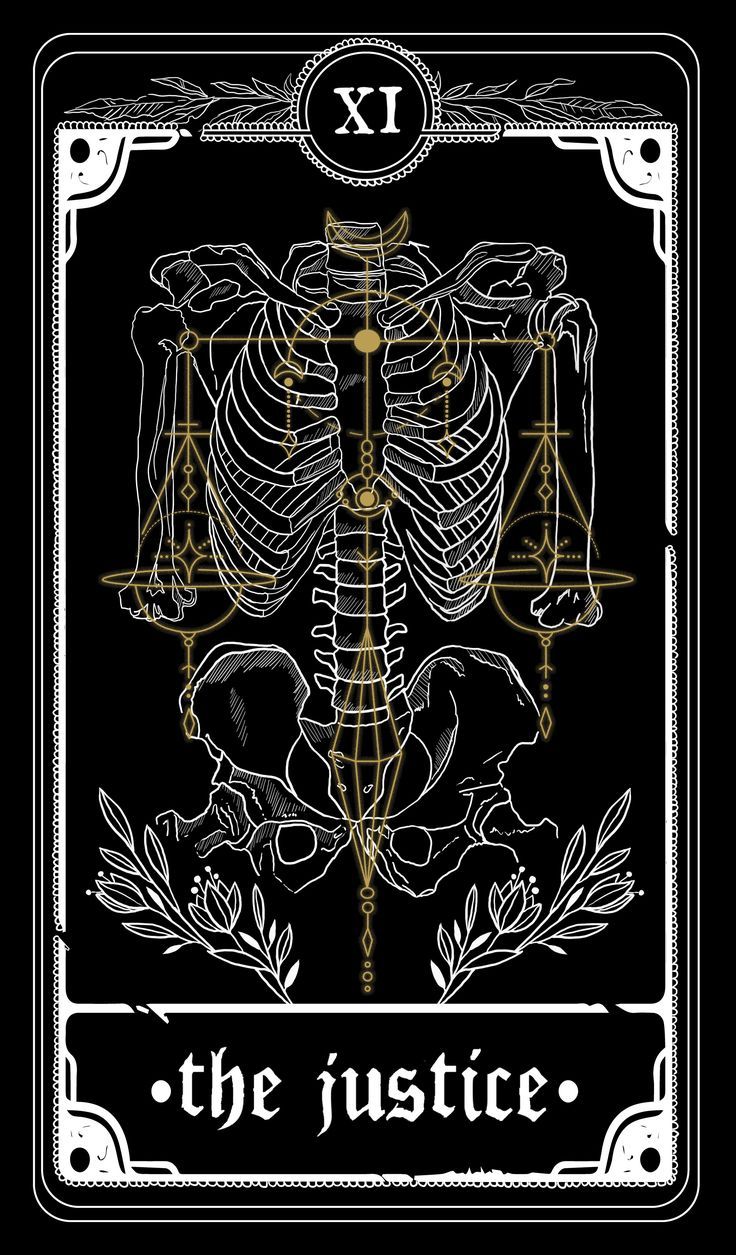 the justice tarot card is shown in white and gold, with a skeleton on it