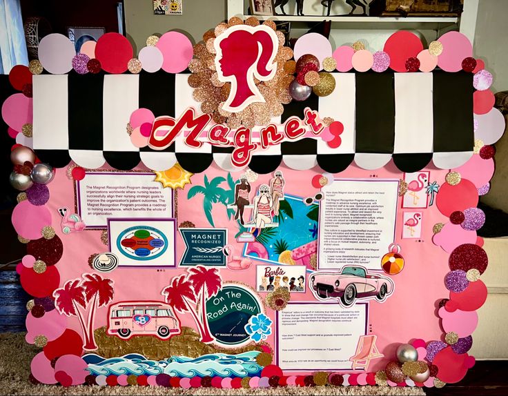 a pink and black bulletin board with magnets on it