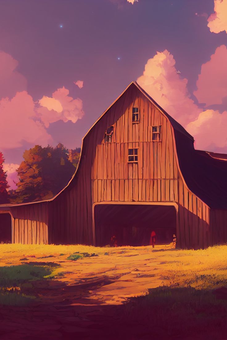 a painting of a barn in the middle of a field