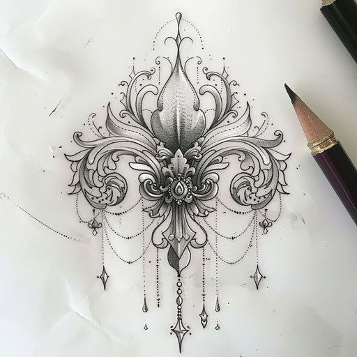 Colorful Fleur De Lis Tattoo Artistry Set Fleur De Lis Tattoo Ideas For Women, Filigree Tattoo Women, Sternum Tattoo Lotus, Art Nouveau Tattoo Design, Lis Tattoo, Strong Tattoos, Filigree Tattoo, Dr Woo, Tattoo Themes