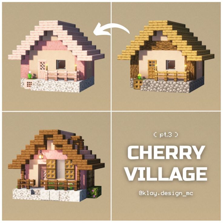 four different views of a small house made out of lego blocks with the words cherry village below it