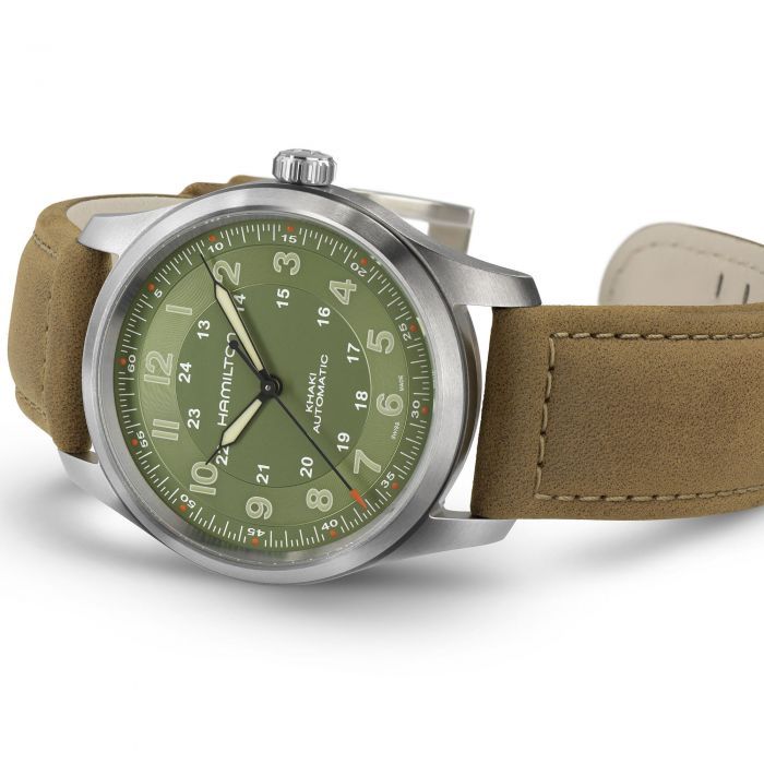 Khaki Field Titanium - Green dial - Brown strap - H70205860 | Hamilton Watch Hamilton Watch Khaki, Rugged Watches, Fit For Life, Hamilton Khaki Field, Hamilton Khaki, Hamilton Watch, Field Watches, Green Cases, Diamond Education