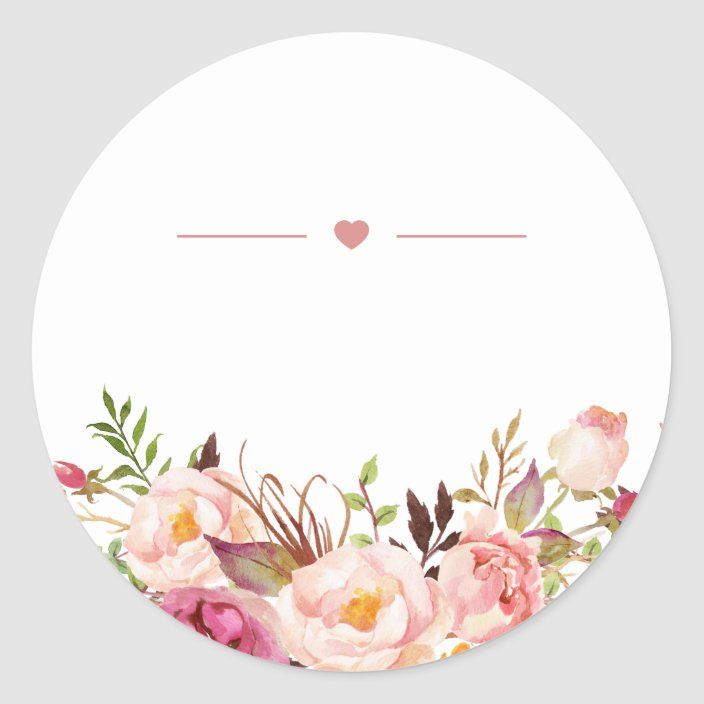 a round sticker with watercolor flowers and hearts on the bottom, in white background