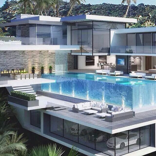 an artist's rendering of a house with a swimming pool in the foreground