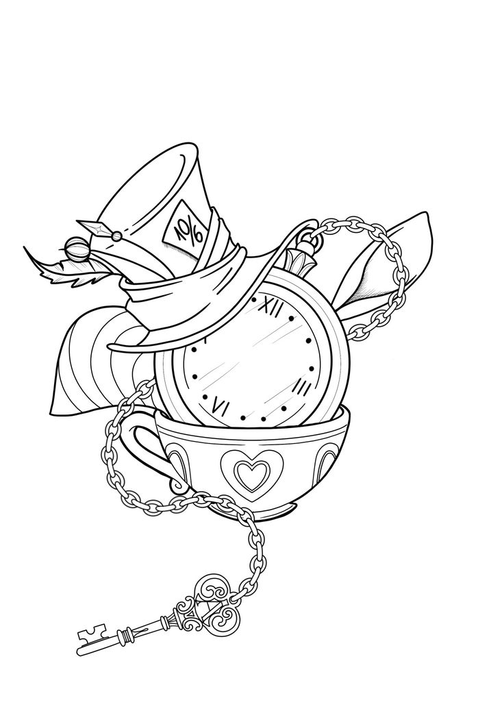 a drawing of a clock with chains around it and a hat on top of it