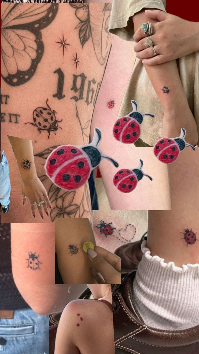 ladybug tattoos on the back of a woman's lower body and arm