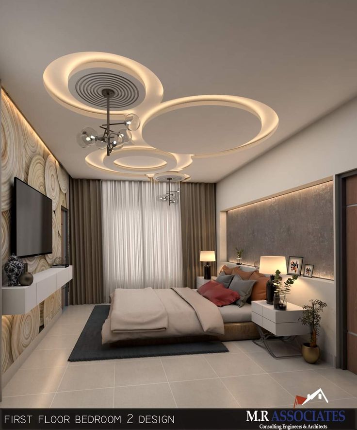 a bedroom with a large bed and ceiling lights