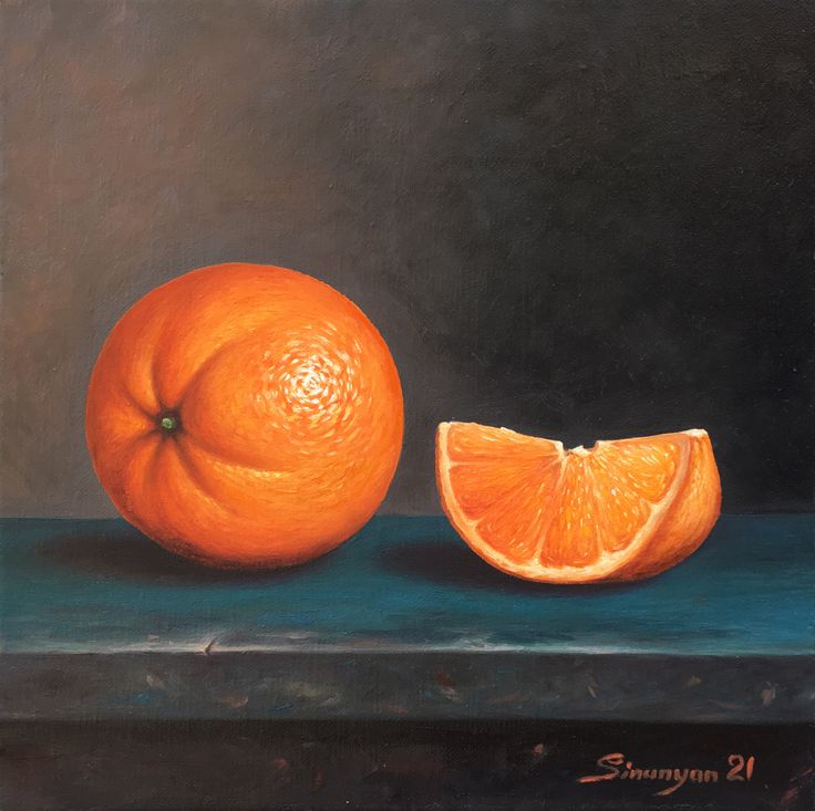 an oil painting of two oranges sitting on a table top with one cut in half