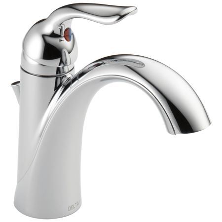 a chrome faucet with the handle extended to it's side spout