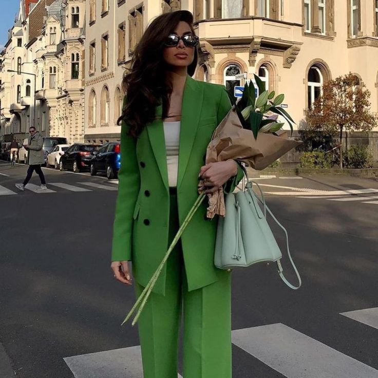 Bloggers Fav Green Fitted Suit For Fall, Fitted Green Suit For Fall, Green Formal Outerwear For Spring, Tailored Green Outerwear For Spring, Spring Green Blazer For Workwear, Spring Green Workwear Blazer, Spring Green Blazer For Work, Spring Fitted Double-breasted Suits, Green Long Sleeve Suits For Fall