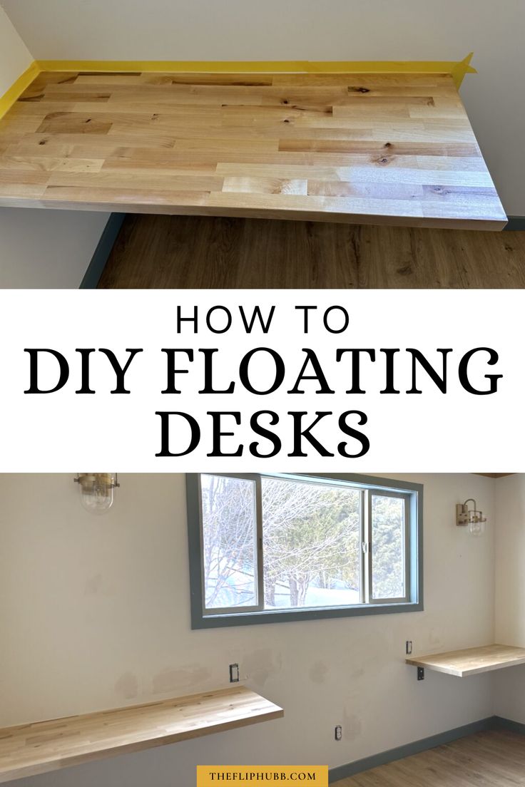 how to diy floating desks in an empty room with wood floors and white walls