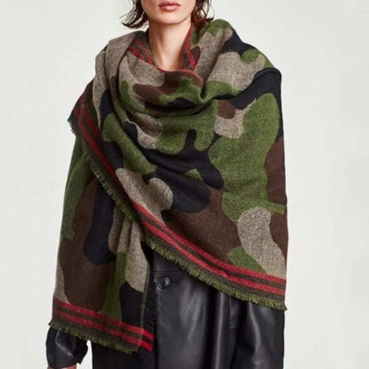 Wrap Up This Season In The Coolest Scarf I've Ever Seen! This Oversize Oblong Shaped Scarf Is Warm And Cozy. Featuring A Edgy Camo Print With Striping Details! Material Blend : 77% Acrylic / 23% Polyester Scarf Scarves Wrap Wraps Fall Winter Accessories Womens Accessory Ladies Fashion 2020 Camo Scarf, Army Dress, Patchwork Scarf, Fringe Fashion, Scarf Style, Oversized Scarf, Camouflage Print, 2020 Trends, Poncho Cape