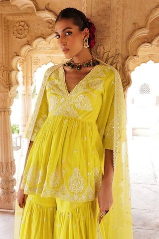 Neon green peplum style kurta with thread embroidered floral patterns, embellished by mirrorwork. Comes with matching sharara and dupatta. - Aza Fashions Kurta And Sharara, Kurta Sharara Set, Green Thread, Floral Set, Sharara Set, Peplum Styles, Set For Women, Aza Fashion, Neon Green