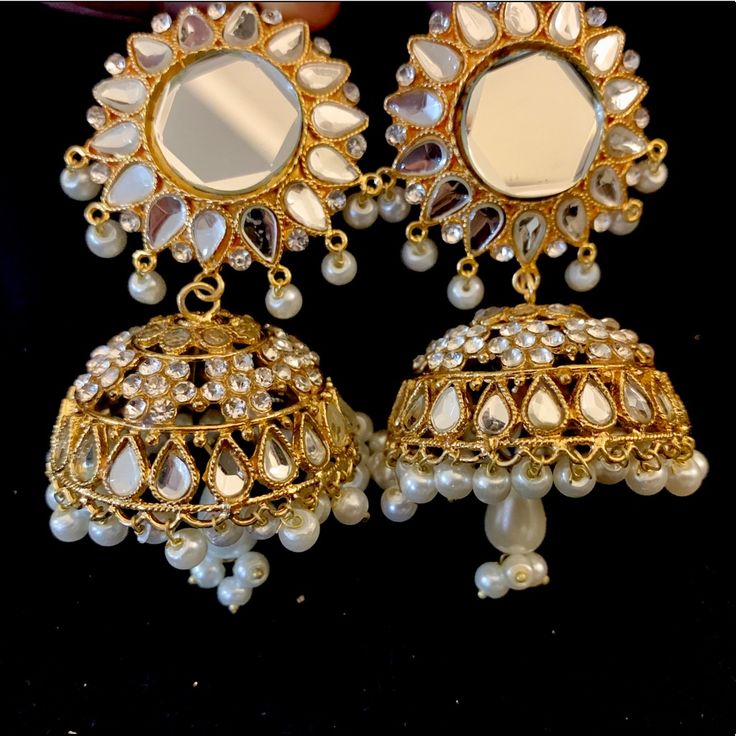 Beautiful Gold Mirror Chandelier Statement Earrings! South Asian Ethnic Jhoomka Earrings Gorgeous Statement Earrings Intricate Detail Mirror Accents Pearl Center Dangle New Without Tags See Photos For Details Bundle Or Offer For A Discount Heavy White Chandelier Earrings For Festive Occasions, White Bohemian Earrings For Diwali, Bohemian White Earrings For Diwali, Elegant Dangle Jhumkas For Festivals, White Drop Earrings For Festive Occasions, Traditional White Jhumkas For Pierced Ears, Jhoomka Earrings, White Bohemian Festive Earrings, Heavy White Danglers For Celebration