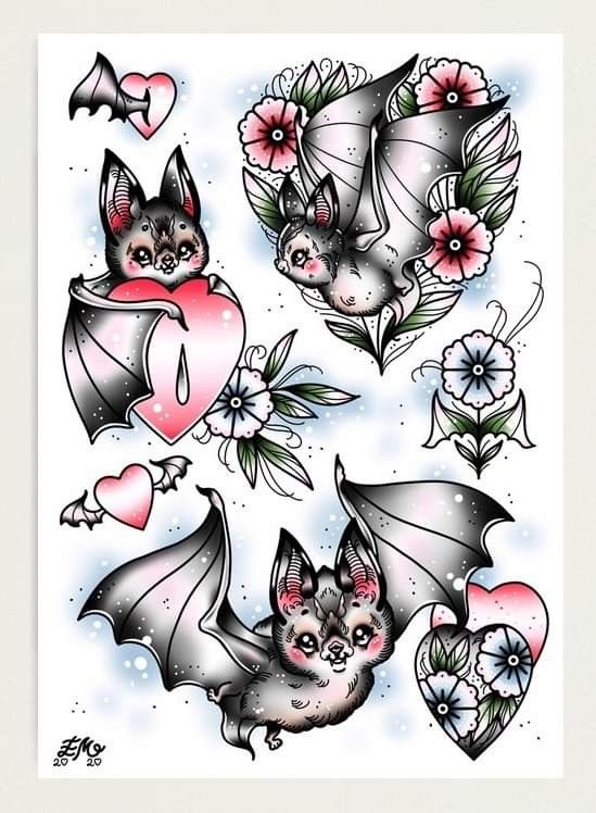 some bats and flowers on a white background with watercolors in the bottom right corner