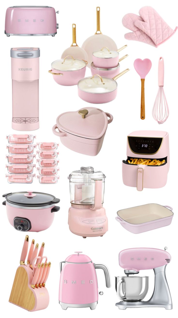 pink kitchen appliances and utensils are arranged in a collage on a white background