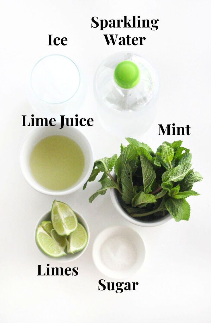 the ingredients to make mint tea on a white background with limes, sugar and water