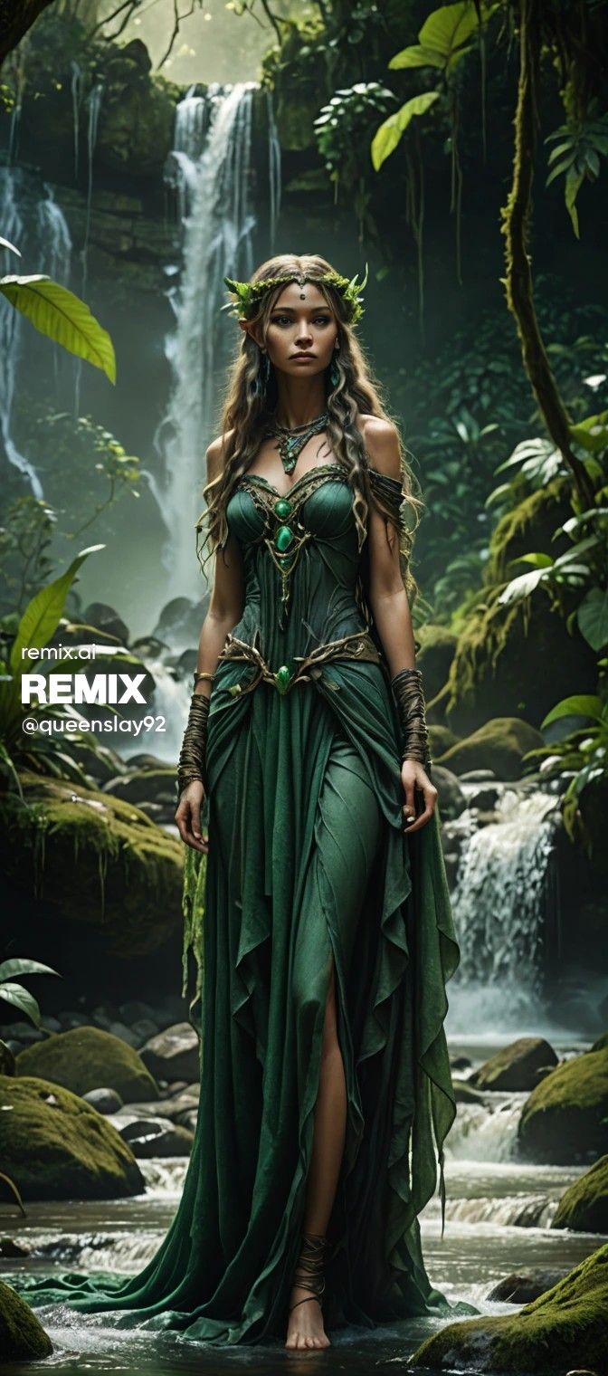 a woman in a green dress standing in front of a waterfall with her hands on her hips