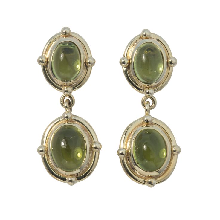 Mazza Peridot Oval Cabochon Double Drop 14K Yellow Gold Earrings Luxury Green Oval Cabochon Earrings, Luxury Oval Cabochon Jewelry With Prong Setting, Luxury Drop Cabochon Earrings, Luxury Marquise Cabochon Jewelry, Luxury Green Cabochon Earrings, Luxury Jade Cabochon Earrings, Luxury Gold Cabochon Pearl Earrings, Luxury Yellow Gold Cabochon Earrings, Luxury Gold Cabochon Earrings