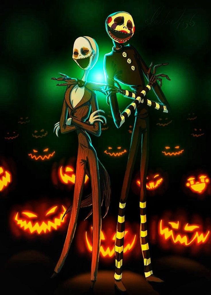 two skeletons dressed in halloween costumes standing next to each other with glowing pumpkins behind them