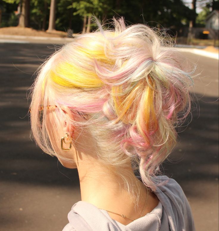 done by @choptopic on instagram Blonde Hair With Yellow Highlights, Pastel And Blonde Hair, Blonde Multicolor Hair, Rainbow Dash Hair Hairstyles, Blonde With Yellow Highlights, Multi Dyed Hair, Blonde Hair Fun Color Ideas, Rainbow And Blonde Hair, Blonde Pink And Blue Hair