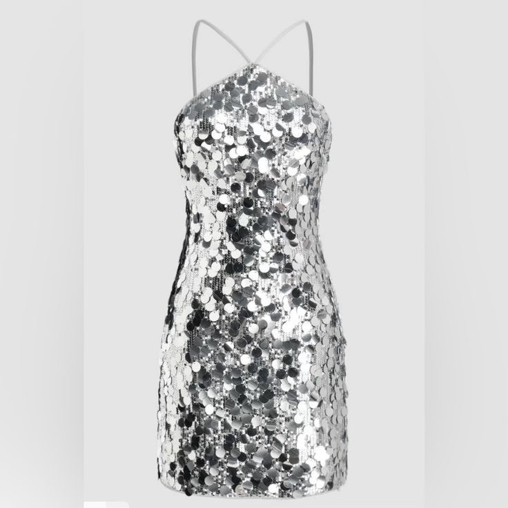 The Dress Is Brand New, With Tags! The Dress Was Never Worn. Purchased The Wrong Size. No Longer In Stock On Their Website. Silver Sparkly Dress, Cider Dresses, Sequin Halter Dress, Sequin Halter, Dress Silver, Sparkly Dress, Jelly Shoes, Silver Dress, Blush Makeup