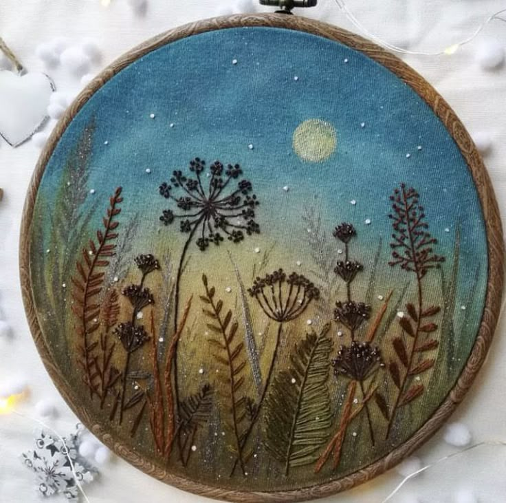 Watercolour Embroidery Hoop, Landscape Embroidery Ideas, Painting With Embroidery, Watercolour Embroidery, Embroidery And Painting, Painted Embroidery, Watercolor Embroidery, Herb Embroidery, Diy Moss