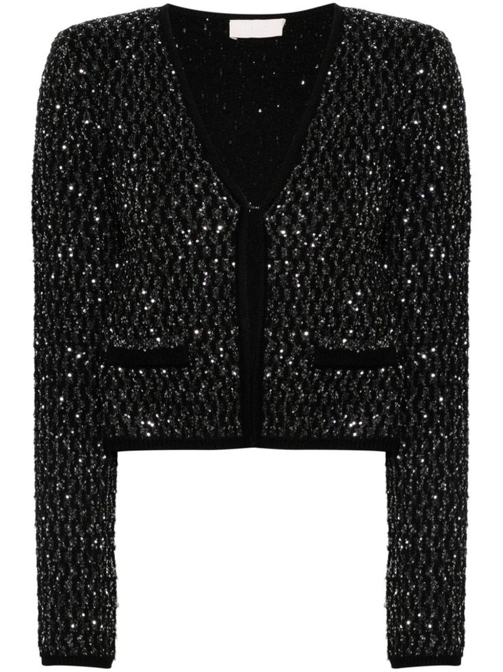 black sequin embellishment front hook and eye fastening plunging V-neck long sleeves ribbed cuffs and hem Chic Sequined Cardigan, Chic Sequined Cardigan For Fall, Chic Long Sleeve Sequined Cardigan, Fitted V-neck Cardigan For Parties, Winter Embellished Long Sleeve Blazer, Chic Winter Embellished Cardigan, Glamorous Evening Cardigan For Winter, V-neck Winter Evening Outerwear, Glamorous Winter Cardigan For Night Out