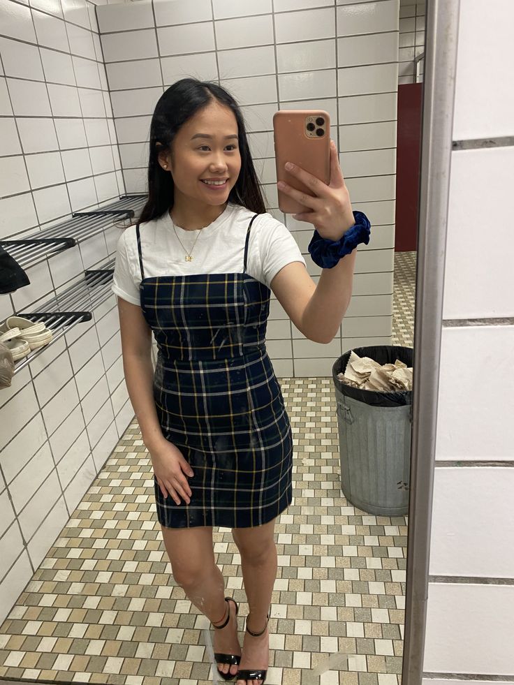 white t-shirt under a plaid slim dress... 💓 Dress With White Top Underneath, Dress With A Shirt Under, White Tee Under Dress Outfit, White T Shirt Under Dress, Sundress With Shirt Underneath, T Shirt And Dress Outfit Layering, White Tee Under Dress, Dress With White Shirt Under, Top Under Dress Outfits