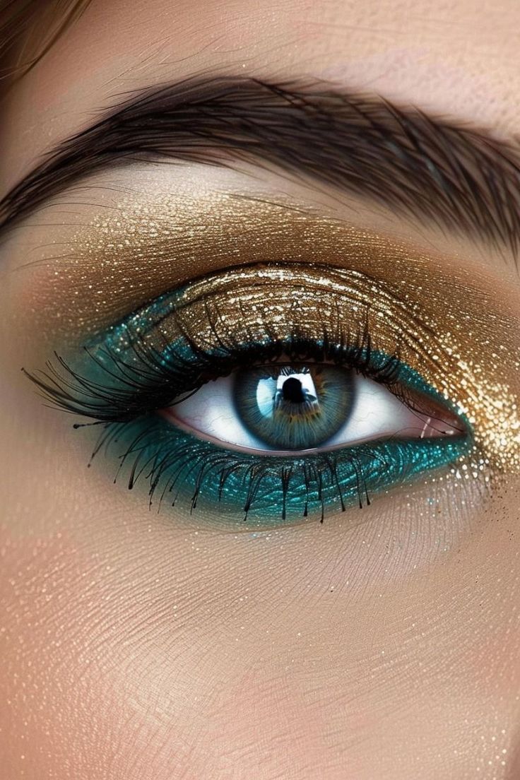 From SWILT Teal And Gold Outfit Ideas, Gold And Teal Eye Makeup, Makeup For Teal Eyes, Teal Wedding Makeup, Teal And Gold Eyeshadow Looks, Teal Blue Eye Makeup, Teal Smokey Eye, Teal And Gold Makeup Looks, Teal And Gold Outfit