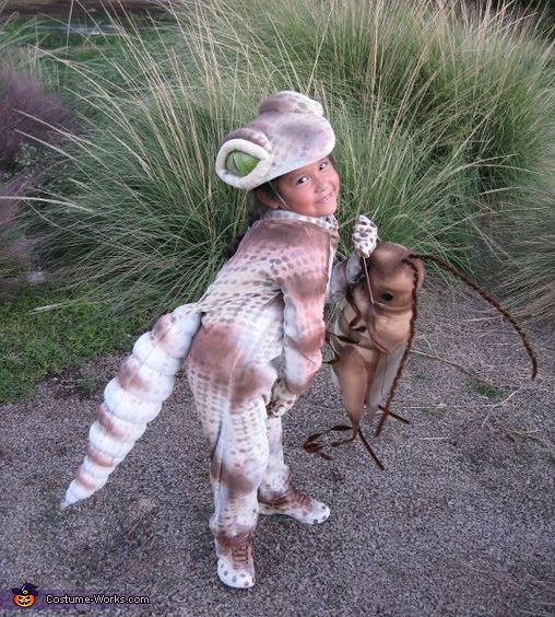 a small child dressed up as a lizard and holding a toy in his hand while standing next to some tall grass