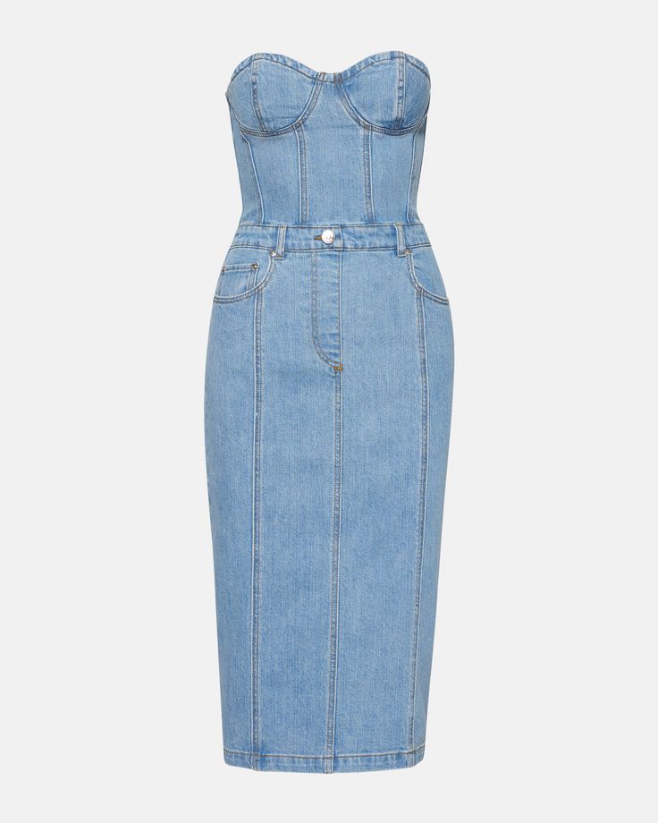 This denim dress combines the casual appeal of blue denim with the sophistication of a bustier top and pencil skirt. Perfect for a cocktail event or dinner out, the midi length offers just the right amount of coverage while still showing off your curves. Bustier denim midi dress Pencil skirt bottom Back zipper closure Length: 35.75" 98% cotton 2% spandex Hand wash Emma is 5ft 10in and is wearing a size small Imported Denim Midi Dress, Cocktail Event, Bustier Top, Denim Fabric, Midi Length, Denim Dress, Blue Denim, Pencil Skirt, Hand Wash