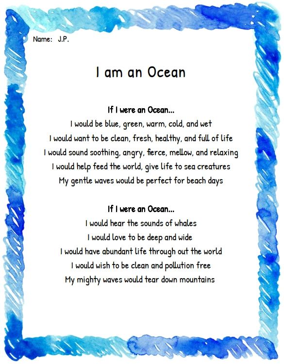 i am an ocean poem written in watercolor on paper with blue and white stripes