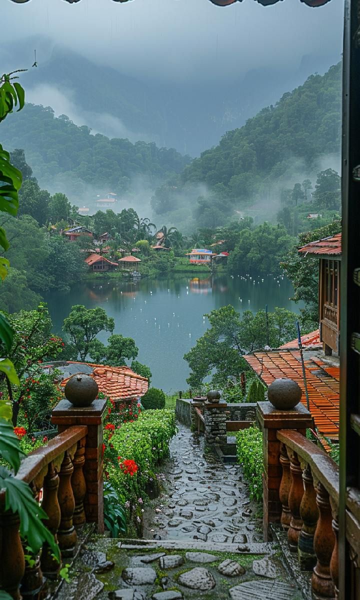 an open door leading to a scenic view of a lake and mountains in the distance