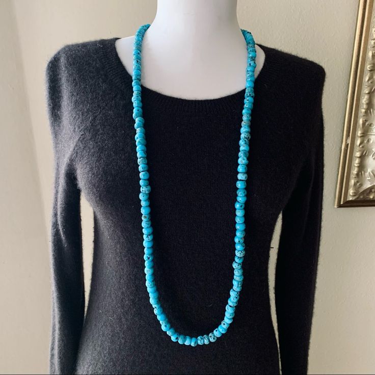 This Item Is Nwt. Beautiful Natural Blue Stone Beaded Necklace. 42” Hand-strung Blue Turquoise Necklace, Elegant Turquoise Necklace With Large Blue Beads, Elegant Large Beads Turquoise Necklace, Elegant Blue Turquoise Necklace With Large Beads, Blue Single Strand Long Beaded Necklace, Blue Long Single Strand Beaded Necklace, Blue Adjustable Lariat Long Necklace, Long Blue Beaded Turquoise Necklace, Blue Hand-strung Long Necklace