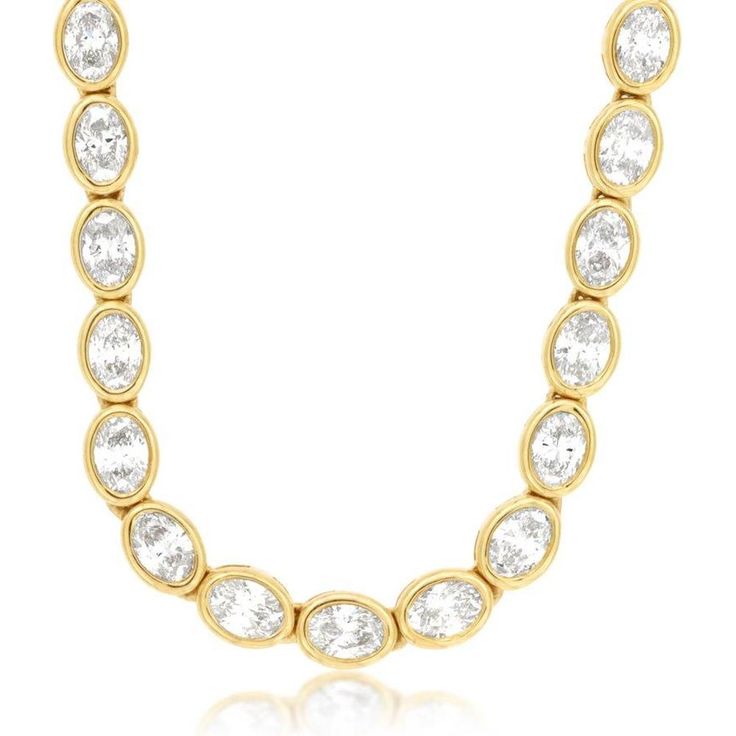 Experience the enchantment of enduring elegance with this breathtaking diamond necklace, where timeless luxury meets modern sophistication. Each of the 7.5 carats of dazzling diamonds is meticulously set in a warm embrace of 14K yellow gold, creating a seamless and captivating flow of sparkle around your neck. The oval-shaped diamonds are individually bezel-set, enhancing their brilliance while providing a secure and smooth finish that lies gracefully against the skin.This necklace is more than just an accessory—it's a statement piece that exudes confidence and grace. Perfect for the woman who loves to make a bold yet refined statement, this necklace transitions effortlessly from day to night, elevating any ensemble with its radiant beauty. Whether you're dressing up for a special occasion Exquisite Diamond Necklace, Radiant Beauty, Special Occasion Jewelry, 14k Yellow Gold Necklace, Diamond Birthstone, Yellow Gold Necklace, Timeless Luxury, Yellow Gold Jewelry, Gold Diamond Necklace