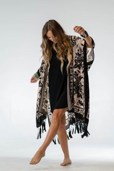 Crushin' On You Velvet Kimono - Black Black Dress With Kimono, Velvet Kimono Outfit, Velvet Fringe Kimono, Ruffled Denim Jacket, Dress With Kimono, Petite Height, Kimono Outfit, Three Bird Nest, Velvet Kimono