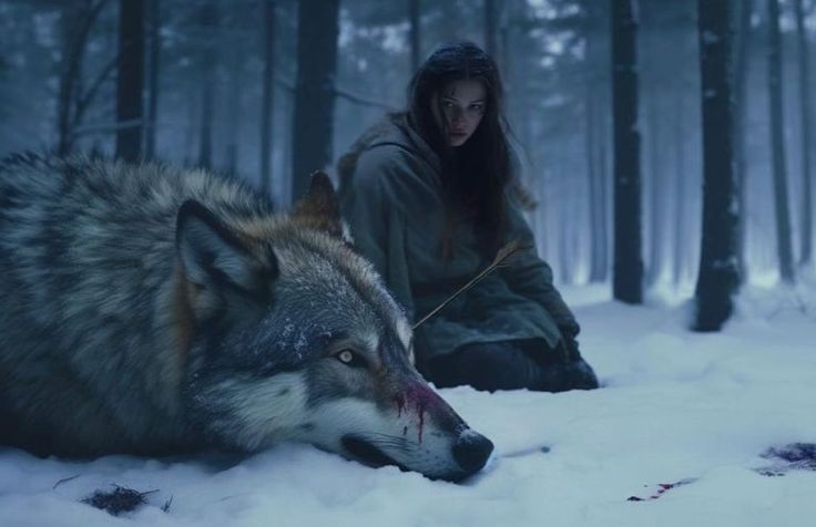 a woman sitting in the snow next to a wolf with blood on it's face