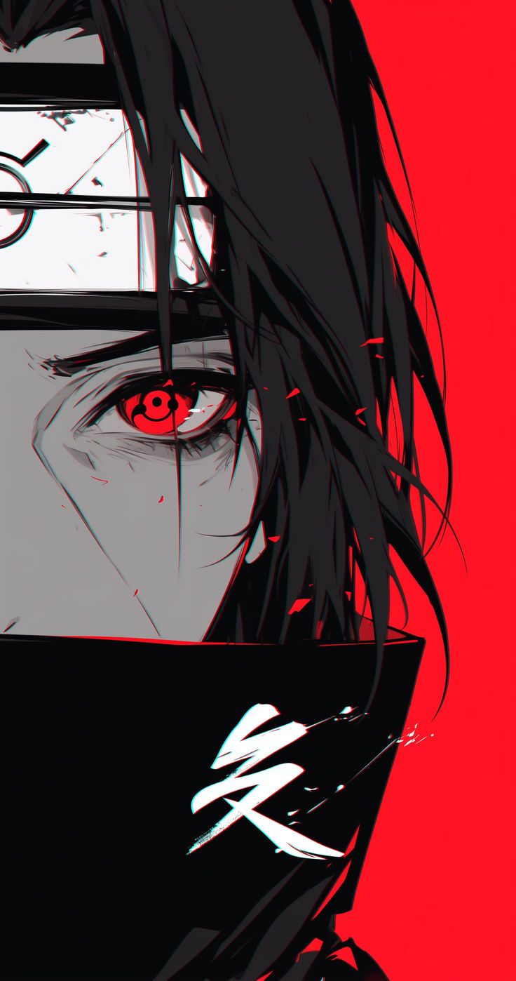 an anime character with red eyes and black hair