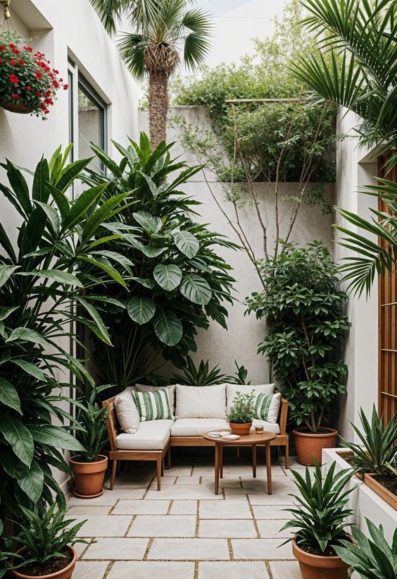 a patio with potted plants and couches in the middle, surrounded by greenery